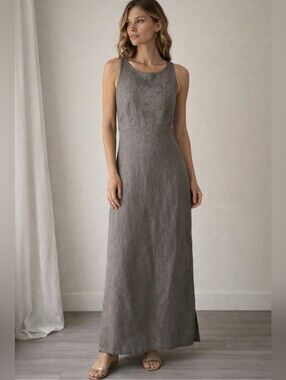 Tristan & Iseut Gray 100% Linen Maxi Coastal  Dress with Sequins/Beads Size 8